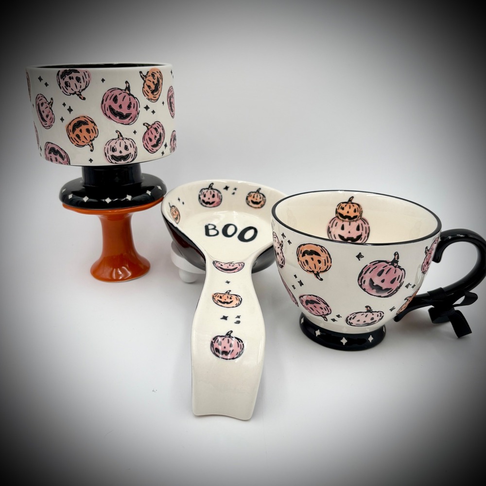POTTERS STUDIO Halloween Set Pumpkin Mug Spoon Rest‎ Candy Dish Spooky Set